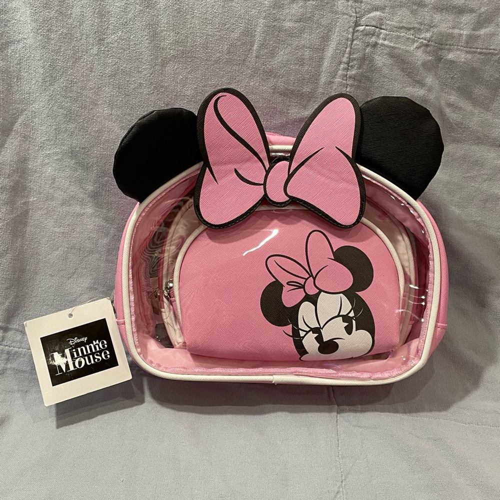 NEW Walt Disney Minnie Mouse Pink Bow 3 Piece Makeup‎ Travel Bag Set